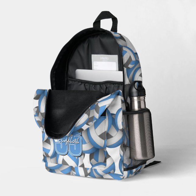 Blue grey volleyball pattern w player name number printed backpack (Back Corner Right (Open))