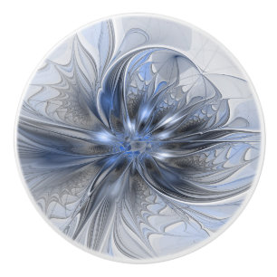 Blue Grey Watercolor Abstract Floral Fractal Art Ceramic Knob