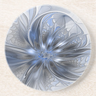 Blue Grey Watercolor Abstract Floral Fractal Art Coaster