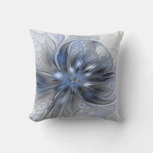 Blue Grey Watercolor Abstract Floral Fractal Art Cushion