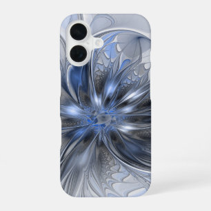 Blue Grey Watercolor Abstract Floral Fractal Art iPhone 16 Case