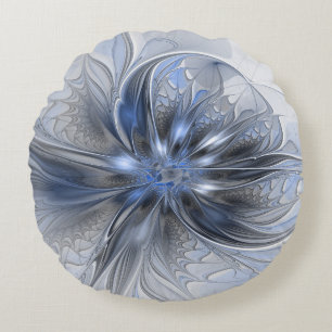 Blue Grey Watercolor Abstract Floral Fractal Art Round Cushion