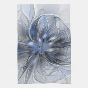 Blue Grey Watercolor Abstract Floral Fractal Art Tea Towel