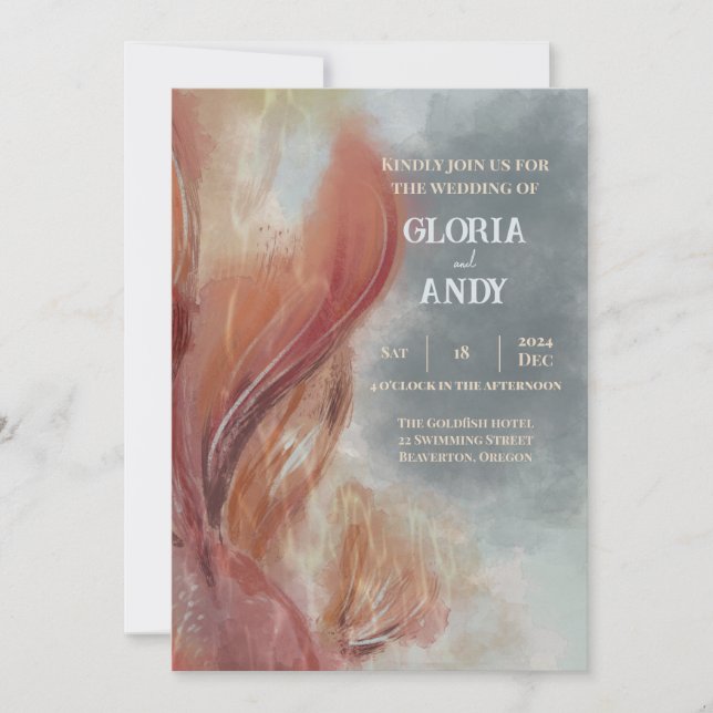 Blue-grey Watercolor and Red Goldfish Wedding Invitation (Front)