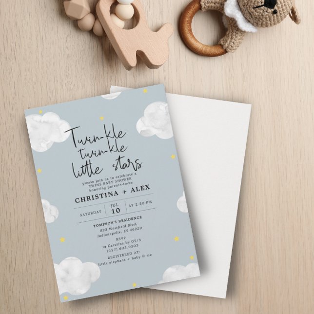 Blue Grey Watercolor Clouds Twin Boys Baby Shower Invitation (Creator Uploaded)