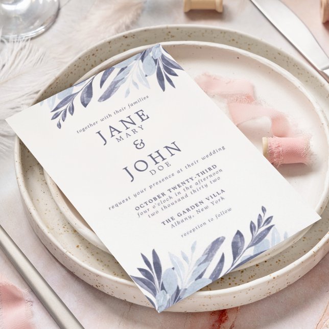 Blue Grey Watercolor Foliage Wedding Invitation  (Creator Uploaded)