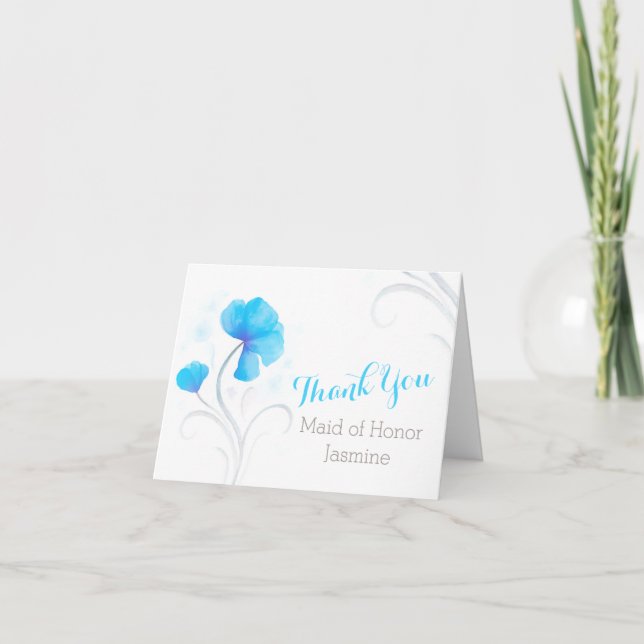 Blue grey watercolor swirl wedding thank you card (Front)