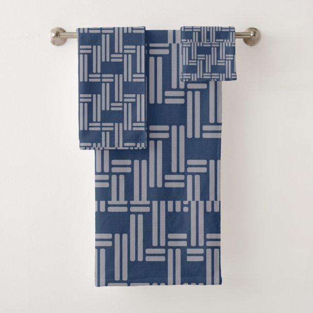 Blue Grey Weave Pattern Japanese Style Bath Towel Set (Insitu)