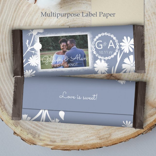 Blue-Grey Wedding Budget Photo Candy Bar Wrapper (blue white floral wedding personalized chocolate candy bar wrapper label paper custom party favor)