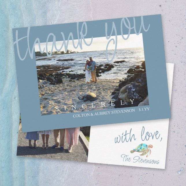 Blue Grey Wedding Photo Thank You Card (blue gray, light blue wedding thank you card with blue sea turtle, watercolor tropical beach)