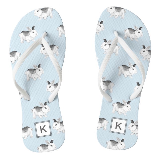 Blue Grey Whimsical Bunnies with Monogram Jandals (Footbed)