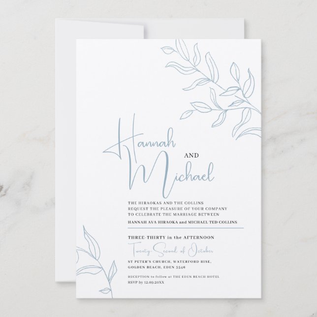Blue grey white branch of leaves sketch wedding invitation (Front)