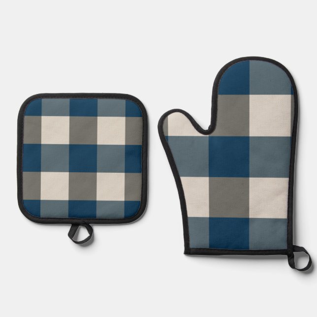 Blue Grey White Buffalo Check  Oven Mitt & Pot Holder Set (Front)