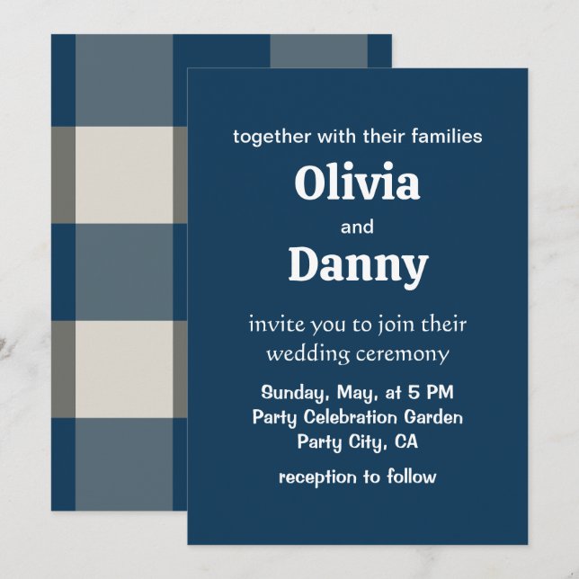 Blue Grey White Buffalo Check Wedding Invitation (Front/Back)