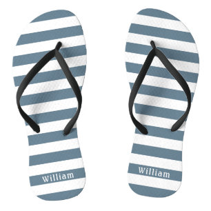 Blue Grey White Cabana Stripes Personalised Beach Jandals