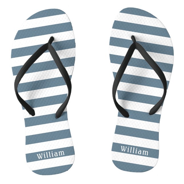 Blue Grey White Cabana Stripes Personalised Beach Jandals (Footbed)