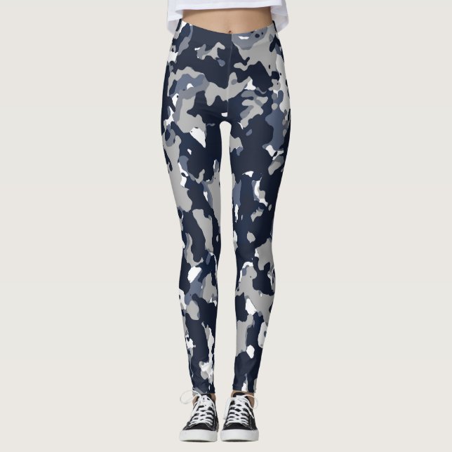 Blue Grey White Camouflage Camo Pattern Leggings (Front)