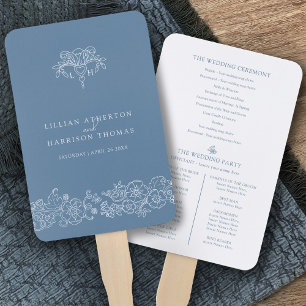 Blue grey white fleur de lis art wedding program hand fan