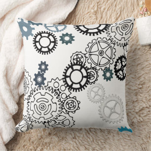 Blue Grey White Gear Pattern for Boys Room Decor F Cushion