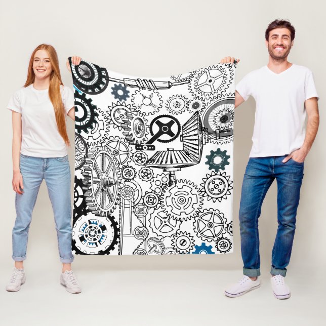 Blue Grey White Gears Steampunk Boys Decor Fleece (In Situ)