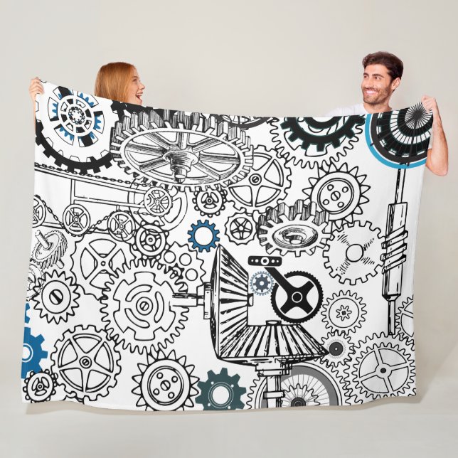 Blue Grey White Gears Steampunk Boys Decor Fleece (In Situ)