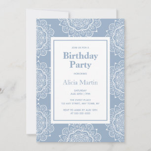 Blue Grey & White Mandala Flower Birthday Party Invitation