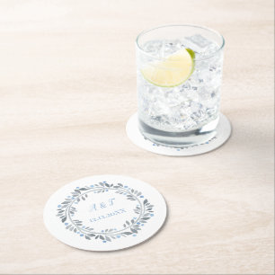 Blue Grey White Monogram Floral Wedding  Round Paper Coaster