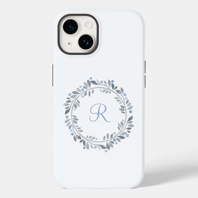 Blue Grey White Monogram Floral Wreath  Case-Mate iPhone Case (Back)