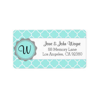 Blue Grey White Quatrefoil Modern Monogram Label 3