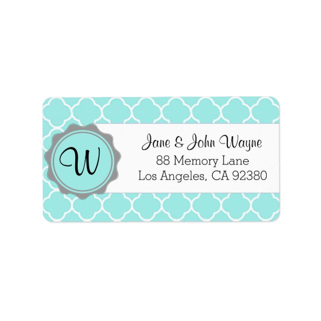 Blue Grey White Quatrefoil Modern Monogram Label 3 (Front)