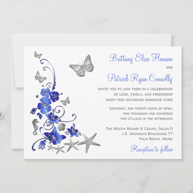 Blue, Grey, White Tropical Beach Wedding Invite (Front)