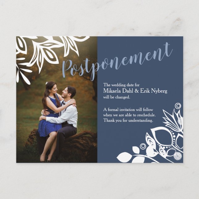 Blue Grey, White Wedding Announcement Photo Postcard (Front)