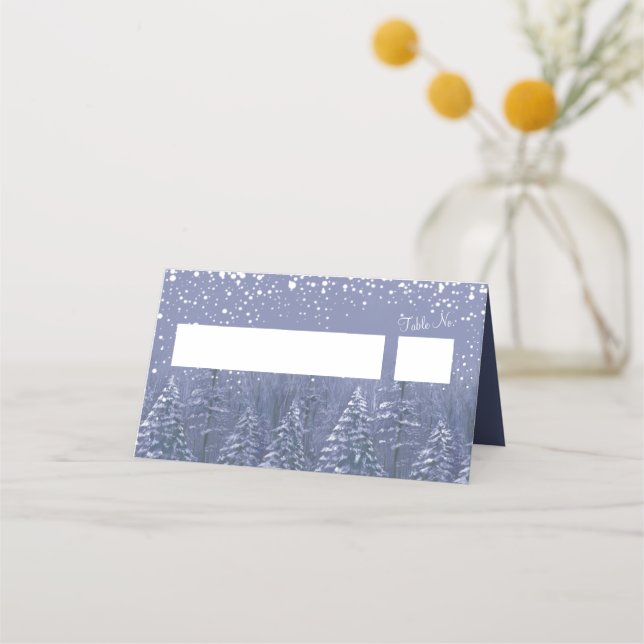 Blue grey white winter pine trees wedding escort place card (Front)