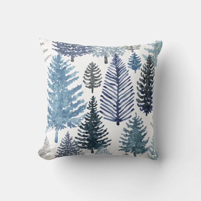 Blue Grey Winter Pine Trees Holiday Throw Pillow (Front)