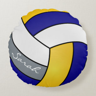 Blue, Grey, Yellow and White Volleyball   DIY Name Round Cushion