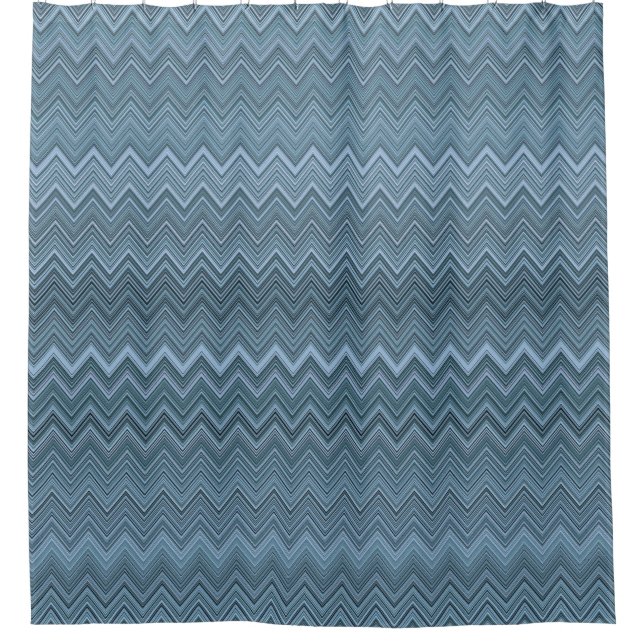 Blue Grey Zigzag Wavy Pattern Shower Curtain (Front)