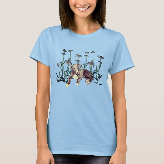 Blue Greyhound Puppy Daisy Flowers  T-Shirt (Front)