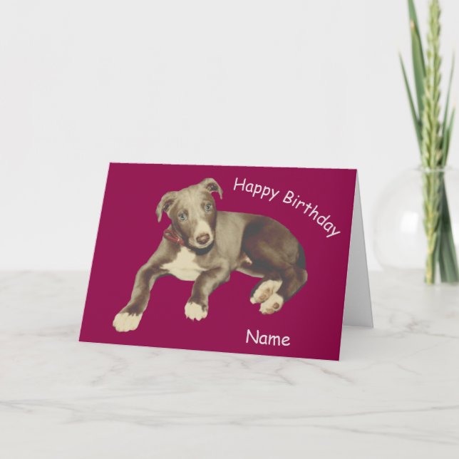 Blue Greyhound Puppy Personalised Birthday Card (Front)