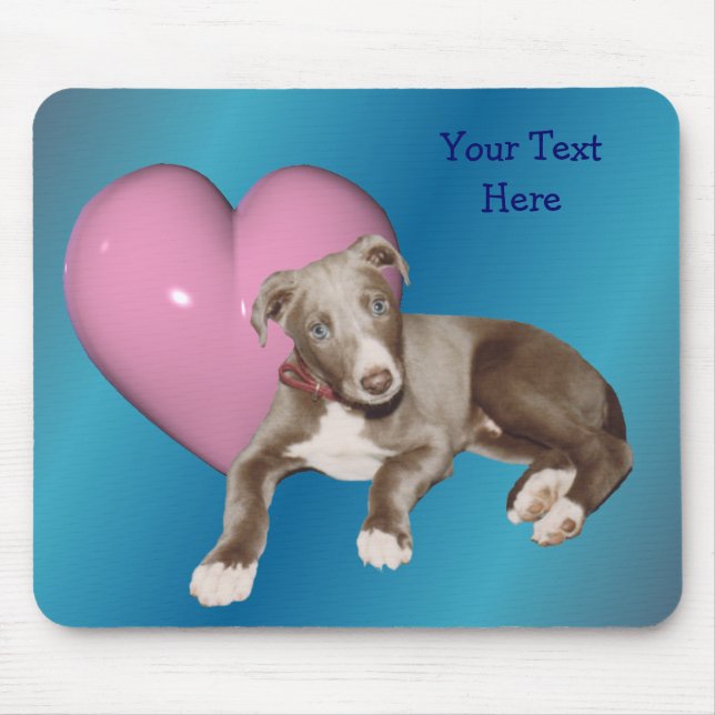Blue Greyhound Puppy Pink Heart Mousepad (Front)