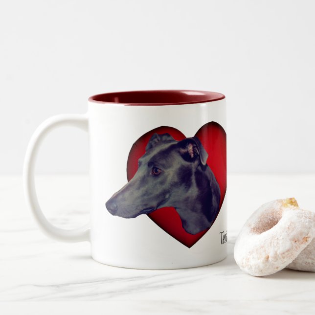 Blue Greyhound Red Heart Personalised Two-Tone Coffee Mug (With Donut)