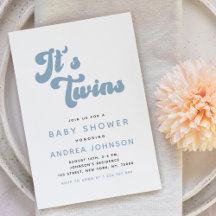 Blue Groovy Retro Boy Twins Minimal Baby Shower