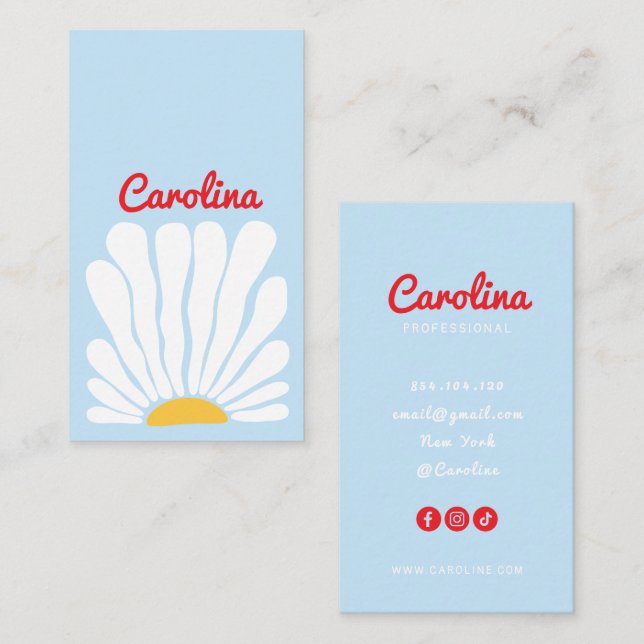 blue Groovy sunflower retro boho business card (Front/Back)