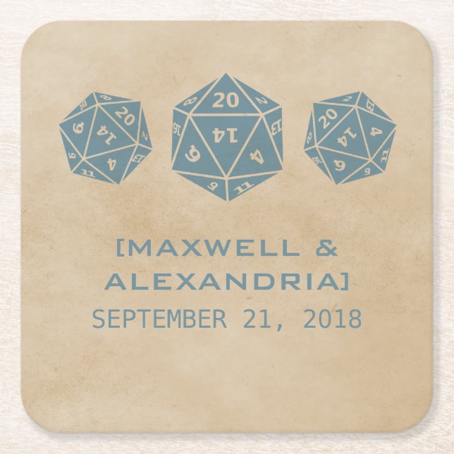 Blue Grunge D20 Dice Gamer Paper Coasters (Front)