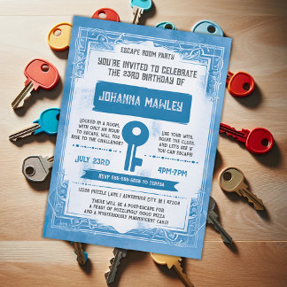 Blue Grunge Escape Room Key Birthday Party Invitation