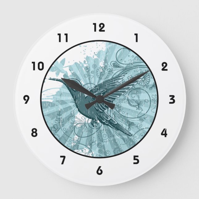 Blue Grunge Hummingbird Large Clock (Front)