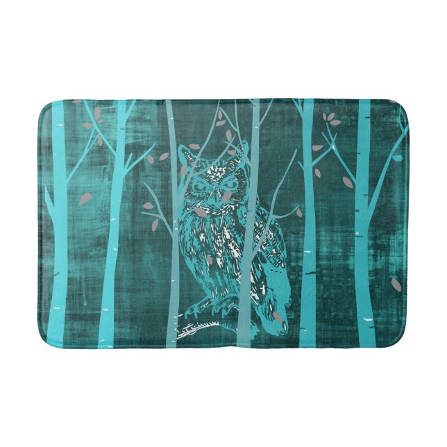 Blue Grunge Woodland Owl Art Bath Mat (Front)