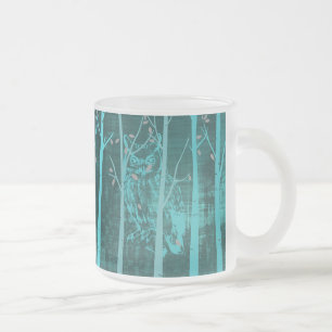 Blue Grunge Woodland Owl Art Frosted Glass Coffee Mug
