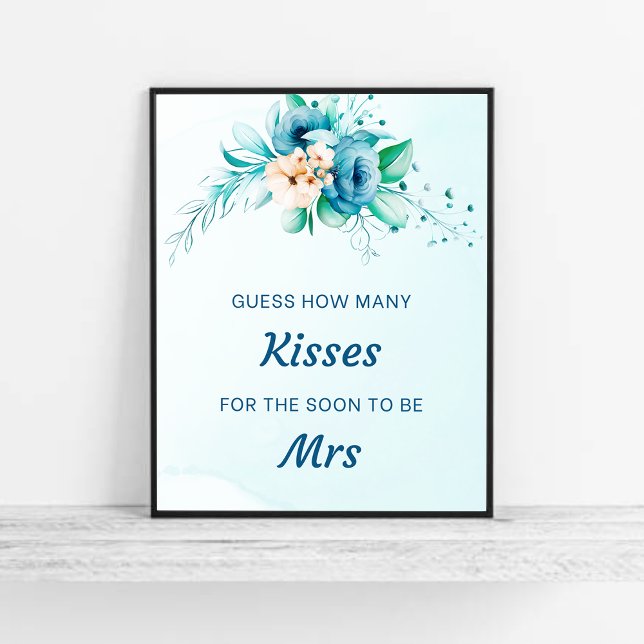 Blue Guess How Many Kisses Bridal Shower Game  Poster (Blue Floral Guess How Many Kisses Bridal Shower Game )
