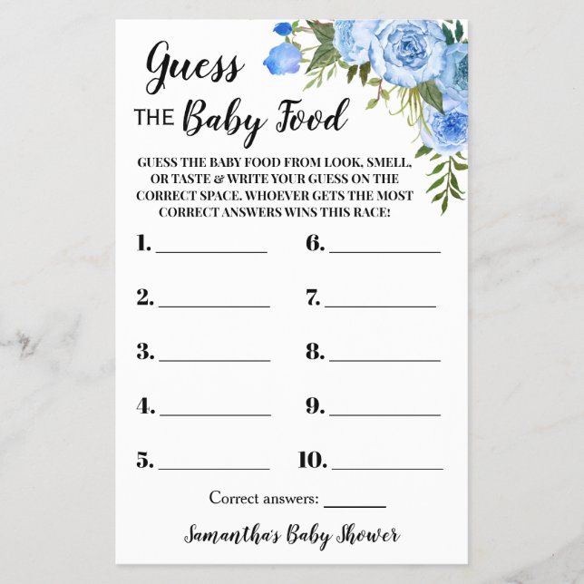 Blue Guess the Baby Food Baby Shower Game Card (Front)