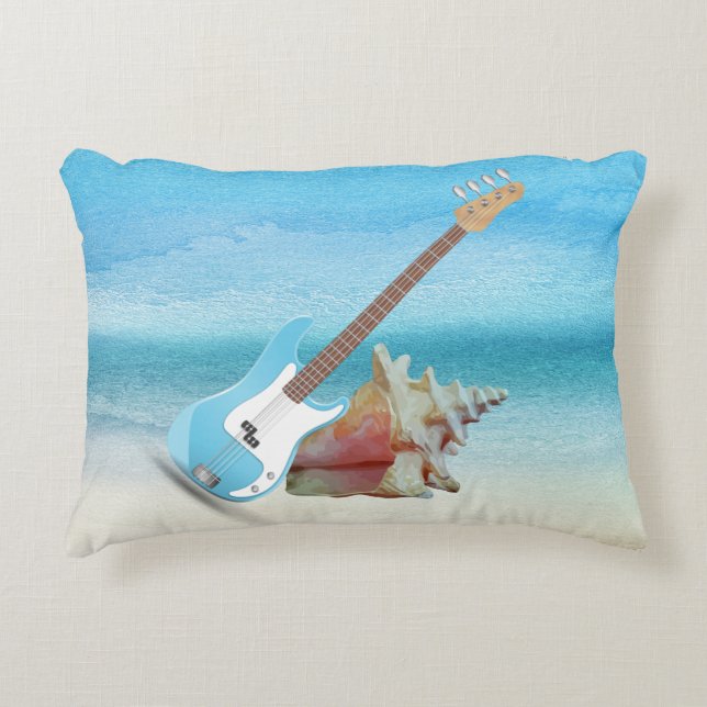 Blue Guitar & Seashell Abstract Beach Decorative Cushion (Front)